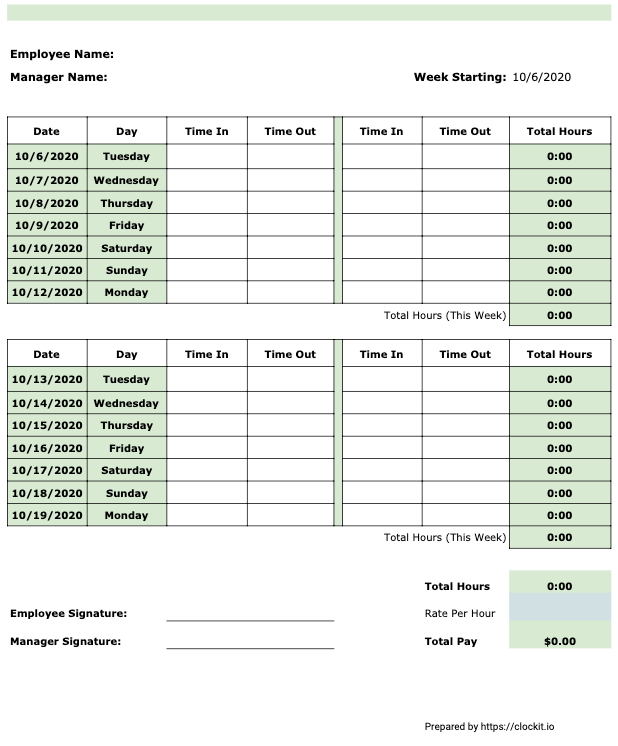 Printable Timesheets Bi Weekly